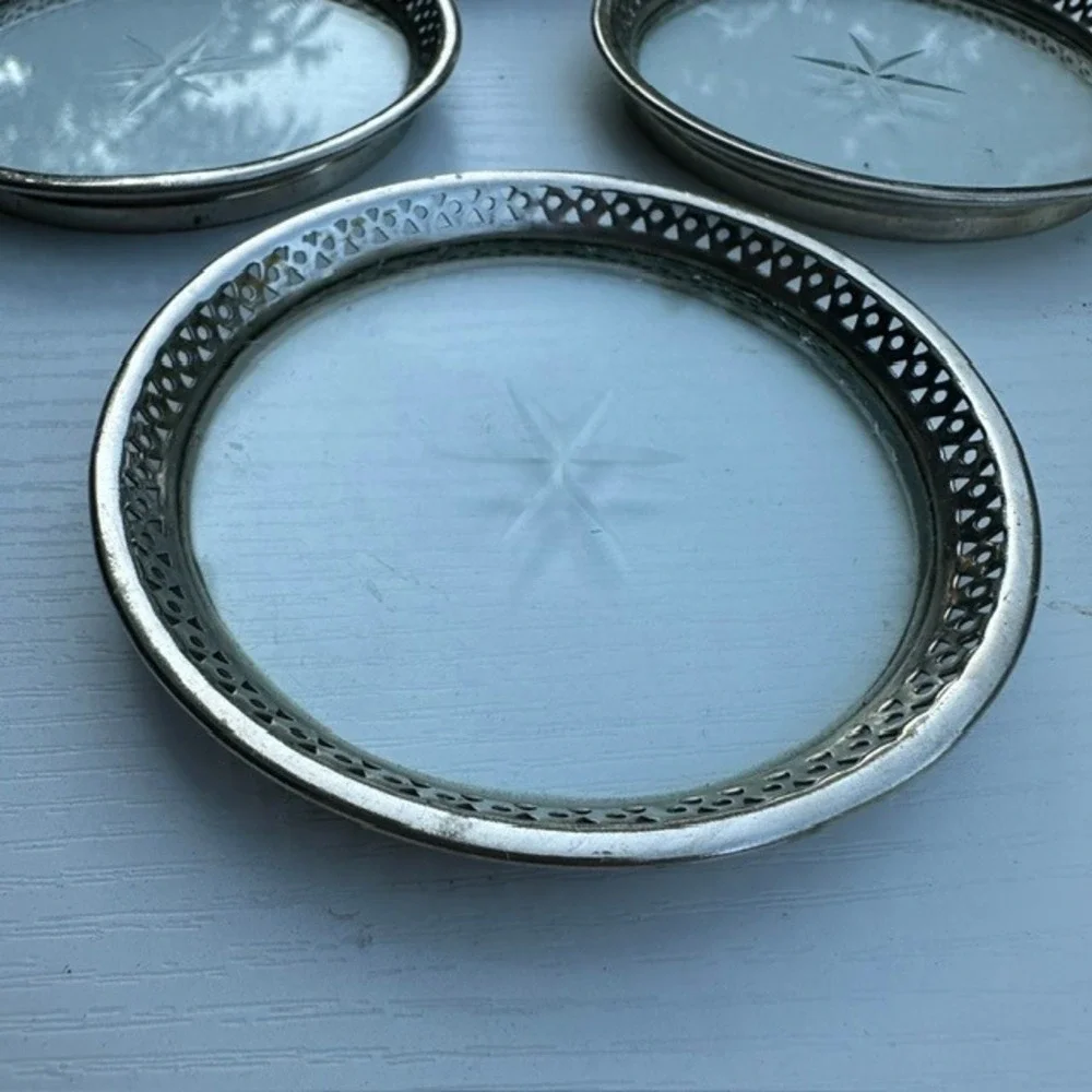 Vintage Glass Coasters Set 4 Starburst Etched Silver Rim Pierced Gallery 4in